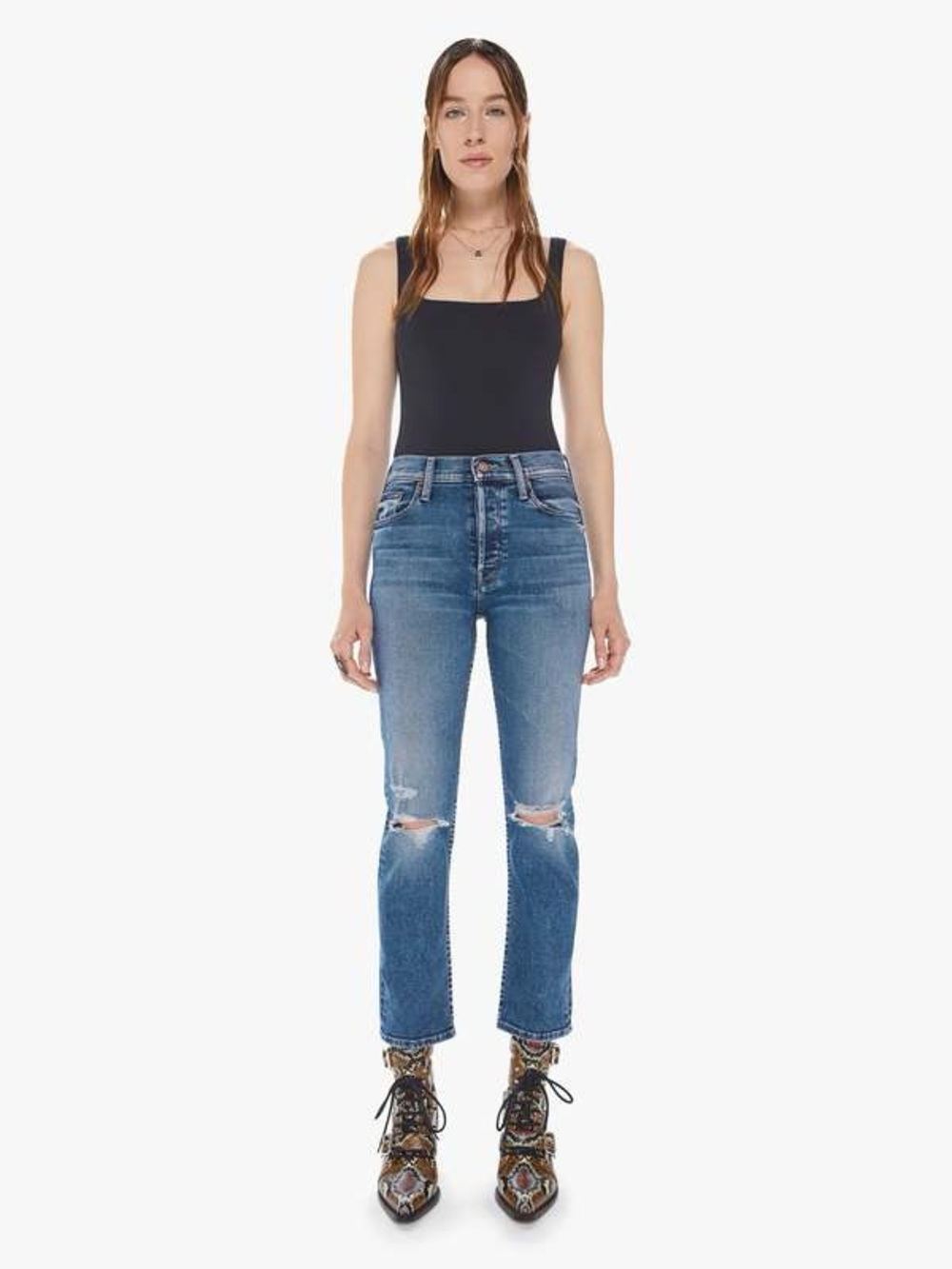 Mother Denim The Tomcat Ankle Roughing It 26 Distressed High-Waist Straight-Leg
